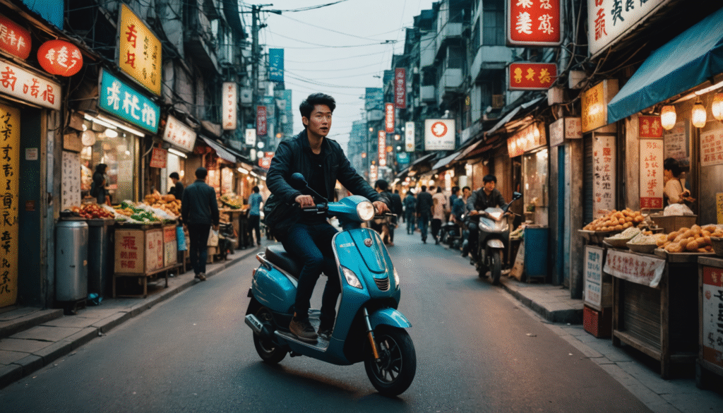 Road trip en scooter électrique sur routes urbaines en Asie