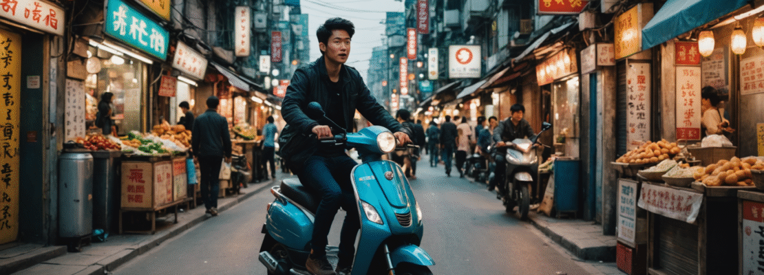 Road trip en scooter électrique sur routes urbaines en Asie
