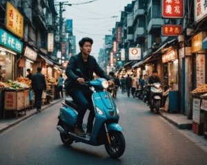 Road trip en scooter électrique sur routes urbaines en Asie
