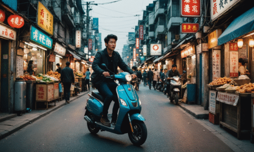 Road trip en scooter électrique sur routes urbaines en Asie
