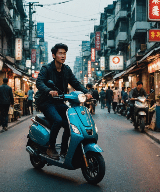 Road trip en scooter électrique sur routes urbaines en Asie