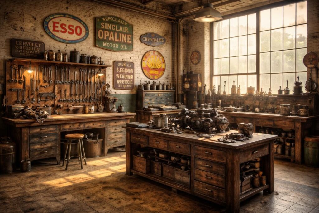 Décorer votre atelier de mécanique vintage avec enseignes rétro et établis industriels