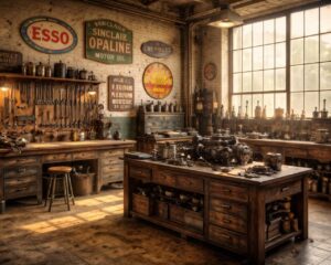Décorer votre atelier de mécanique vintage avec enseignes rétro et établis industriels