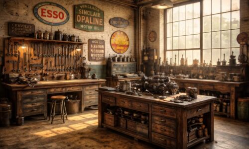 Décorer votre atelier de mécanique vintage avec enseignes rétro et établis industriels