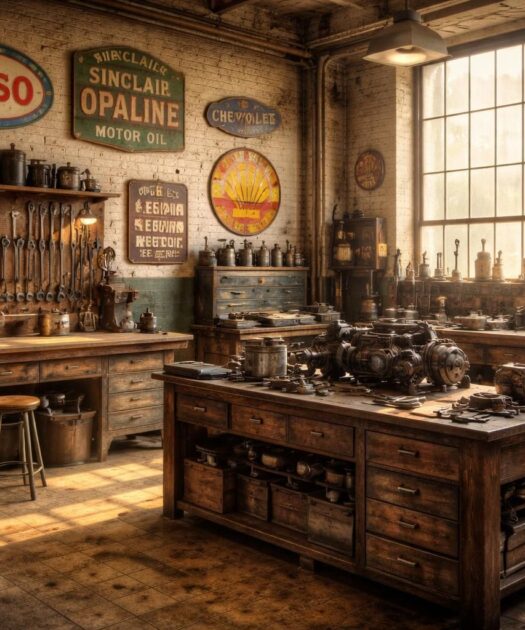 Décorer votre atelier de mécanique vintage avec enseignes rétro et établis industriels