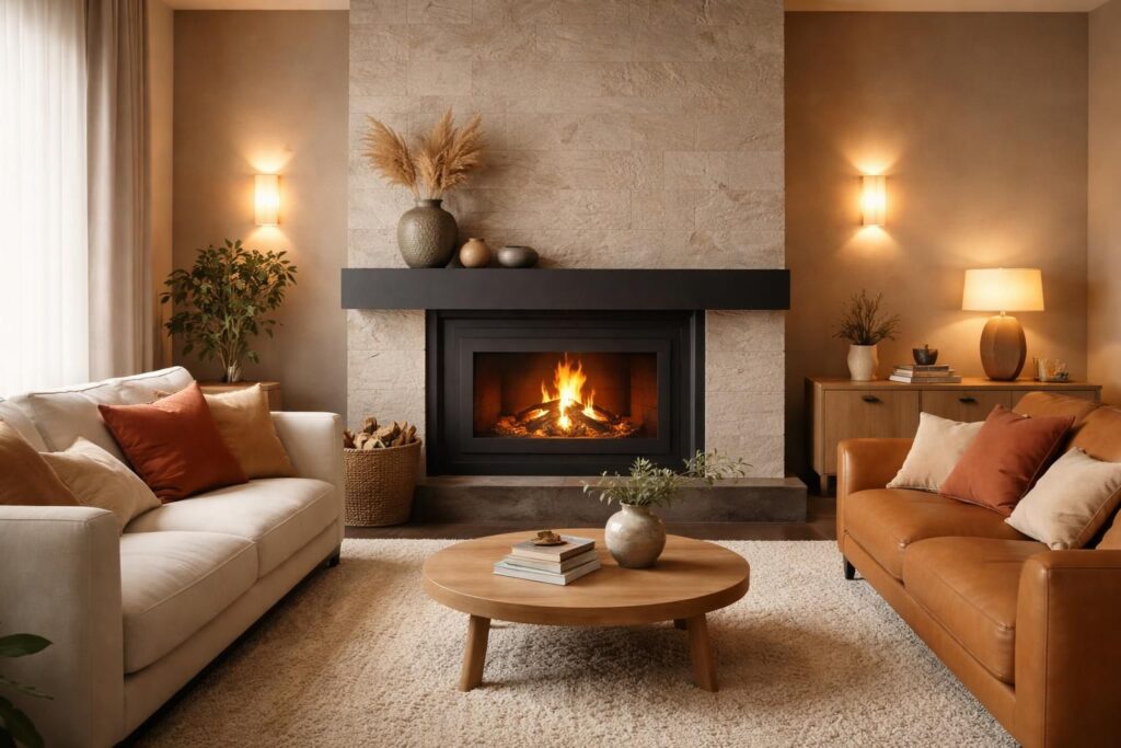 Installer un coin cheminée chaleureux avec des habillages Invicta et des canapés Roche Bobois