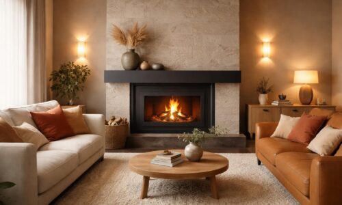 Installer un coin cheminée chaleureux avec des habillages Invicta et des canapés Roche Bobois