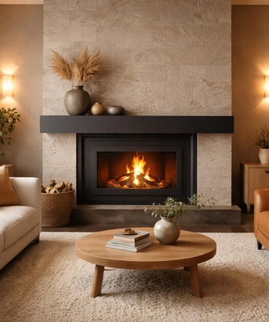 Installer un coin cheminée chaleureux avec des habillages Invicta et des canapés Roche Bobois